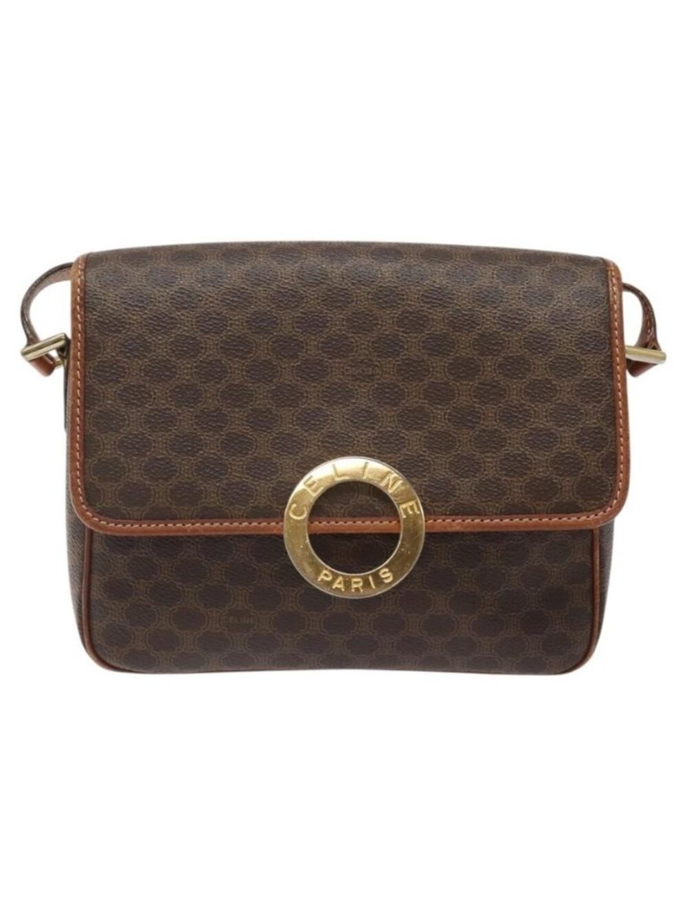 Authentic CELINE Macadam Canvas Circle Shoulder Bag PVC Leather Brown Gold - Picture 5 of 16